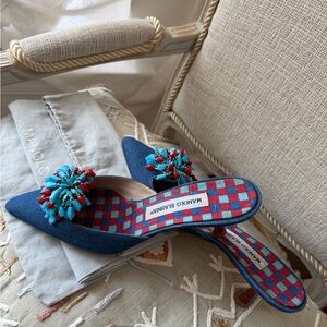 Manolo Blahnik Vibrant Checkered Mules with Beaded Accents Size 39 , US 8-8.5